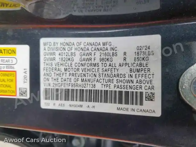 2024 Honda Civic 2HGFE1F95RH327138 — Copart auction photo 12