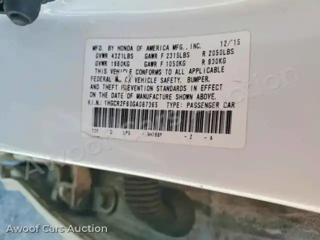 2016 Honda Accord 1HGCR2F60GA087365 — Copart auction photo 12