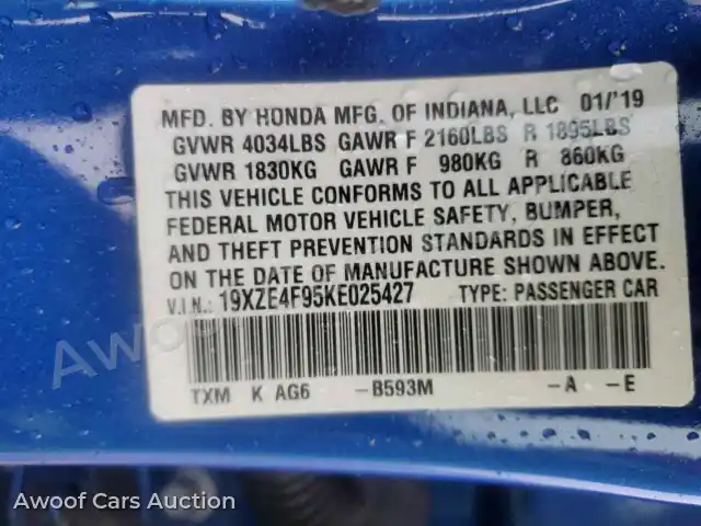 2019 Honda Insight 19XZE4F95KE025427 — photo 12 de la vente Copart