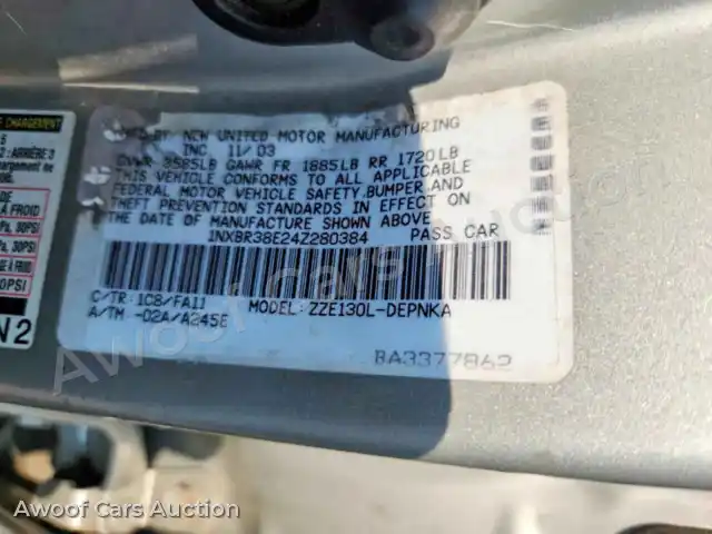 2004 Toyota Corolla 1NXBR38E24Z280384 — hoton gwanjo Copart na 12