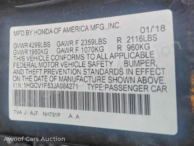 2018 Honda Accord 1HGCV1F53JA084271 — photo 10 de la vente Copart