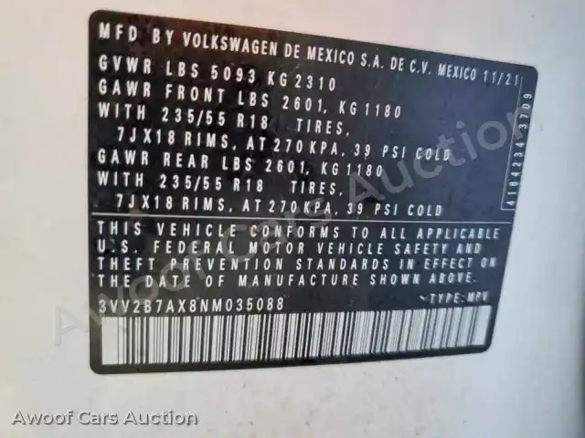 2022 Volkswagen Tiguan 3VV2B7AX8NM035088 — hoton gwanjo Copart na 14