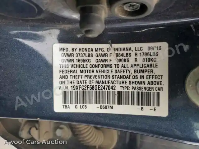 2016 Honda Civic 19XFC2F58GE247042 — Copart auction photo 12