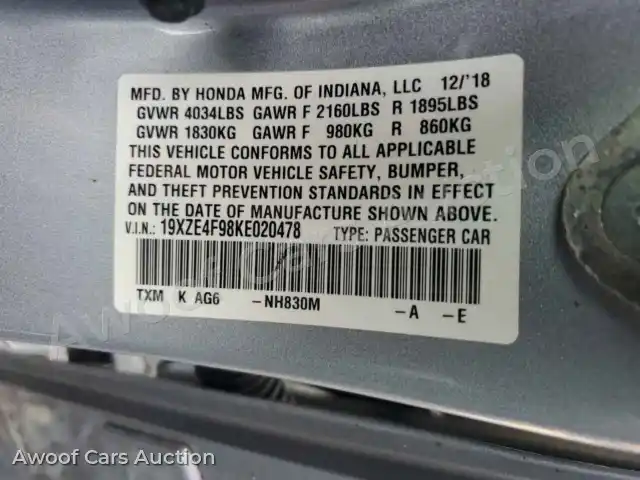 2019 Honda Insight 19XZE4F98KE020478 — Copart auction photo 13