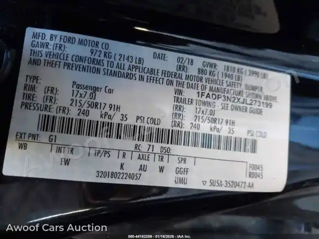 2018 Ford Focus 1FADP3N2XJL273199 — hoton gwanjo Iaai na 9