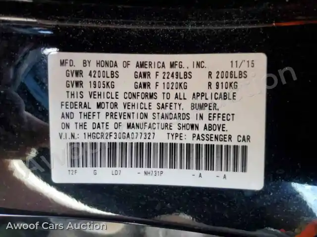 2016 Honda Accord 1HGCR2F30GA077327 — Copart auction photo 12