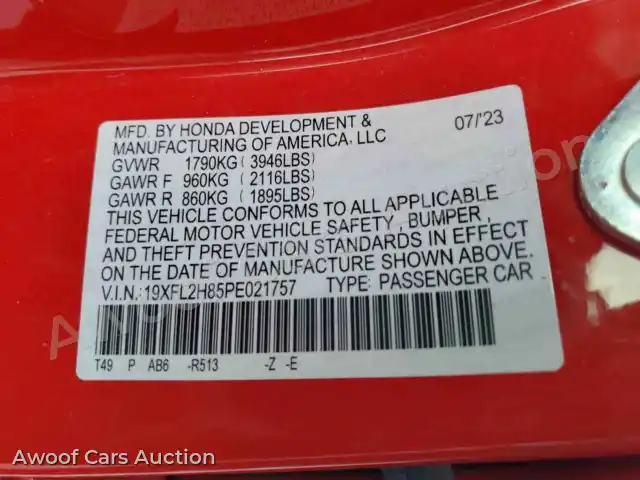 2023 Honda Civic 19XFL2H85PE021757 — Copart auction photo 13