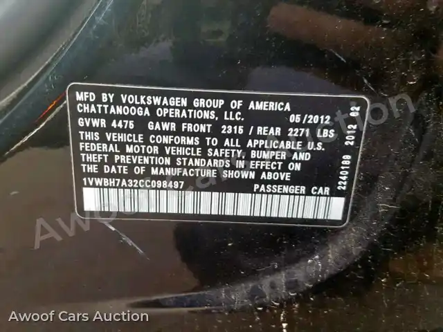 2012 Volkswagen Passat 1VWBH7A32CC098497 — Copart auction photo 10