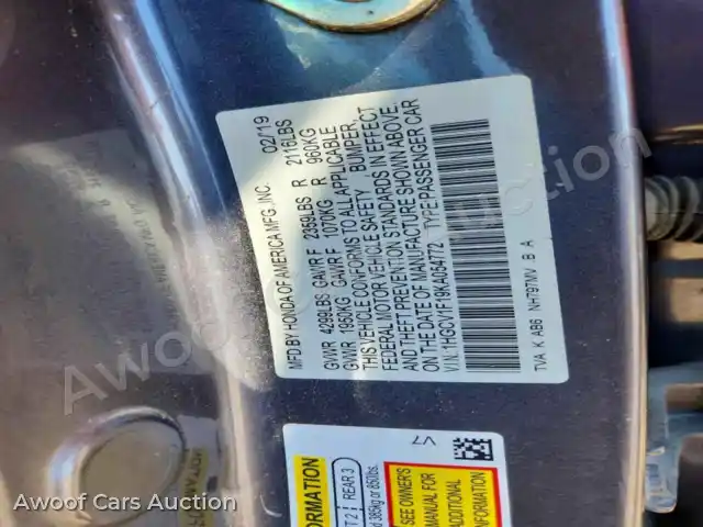 2019 Honda Accord 1HGCV1F19KA054772 — Copart auction photo 12
