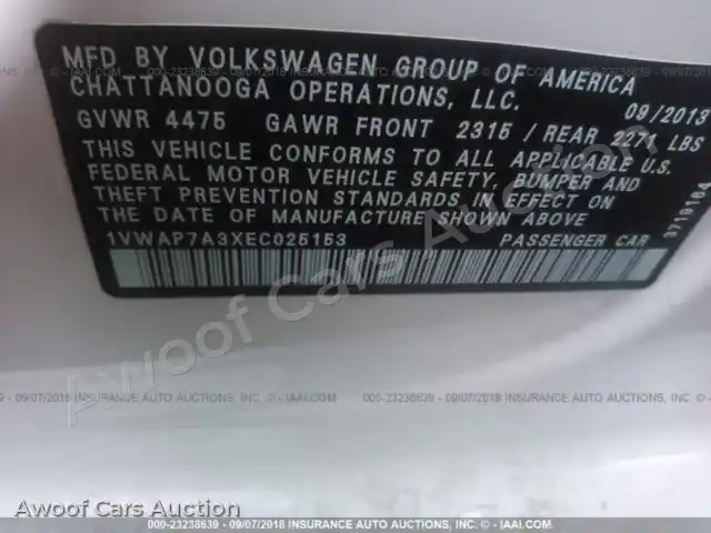 2014 Volkswagen Passat 1VWAP7A3XEC025153 — photo 9 de la vente Iaai