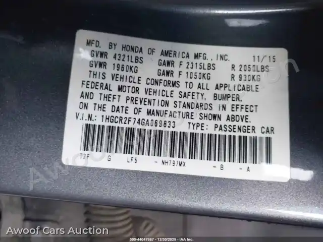 2016 Honda Accord 1HGCR2F74GA069833 — Iaai auction photo 9