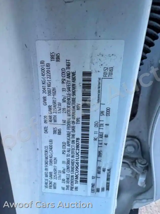 2020 Ford Escape 1FMCU9G61LUC28078 — hoton gwanjo Copart na 10