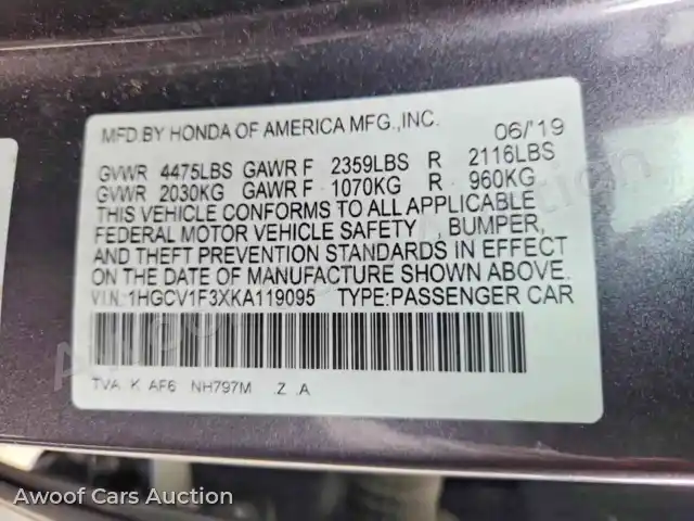 2019 Honda Accord 1HGCV1F3XKA119095 — Copart auction photo 13