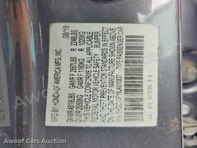 2018 Honda Accord 1HGCV3F18JA010837 — photo 13 de la vente Copart