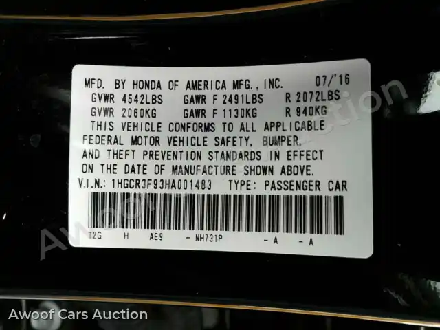 2017 Honda Accord 1HGCR3F93HA001483 — photo 6 de la vente Manheim