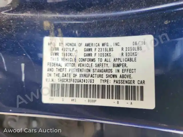 2016 Honda Accord 1HGCR2F82GA243763 — Copart auction photo 12