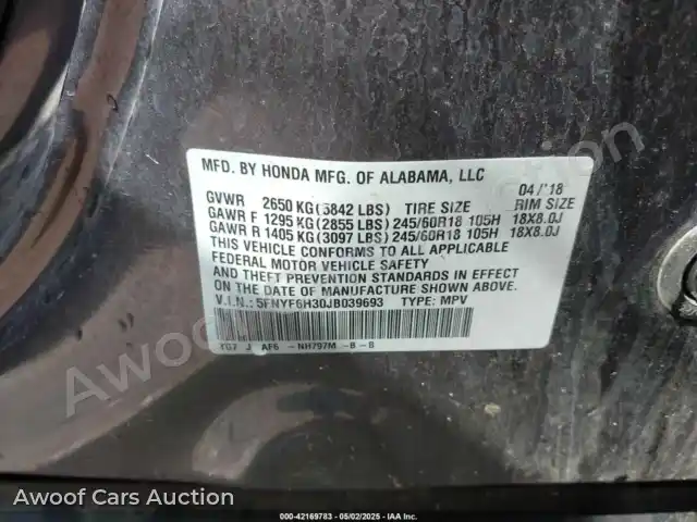 2018 Honda Pilot 5FNYF6H30JB039693 — Iaai auction photo 9