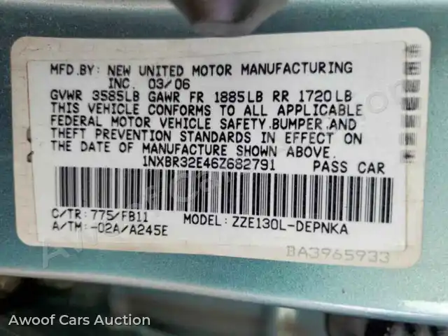 2006 Toyota Corolla 1NXBR32E46Z682791 — hoton gwanjo Copart na 12
