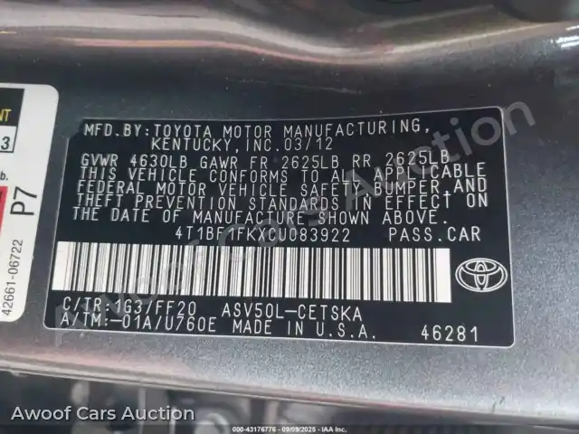 2012 Toyota Camry 4T1BF1FKXCU083922 — Iaai auction photo 9