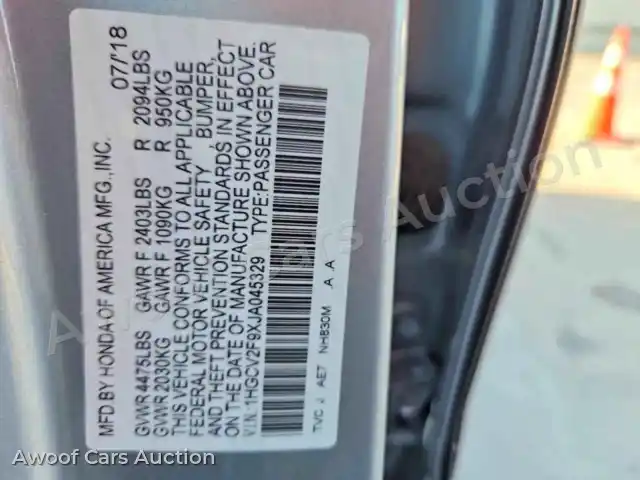 2018 Honda Accord 1HGCV2F9XJA045329 — photo 12 de la vente Copart