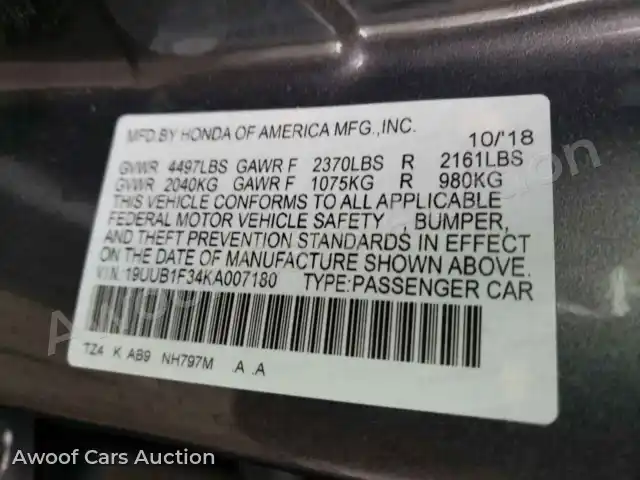 2019 Acura TLX 19UUB1F34KA007180 — Copart auction photo 10