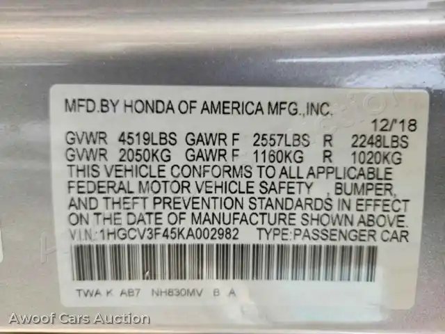 2019 Honda Accord 1HGCV3F45KA002982 — Copart auction photo 12