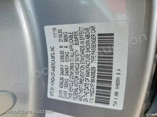 2019 Honda Accord 1HGCV1F19KA008259 — Copart auction photo 12