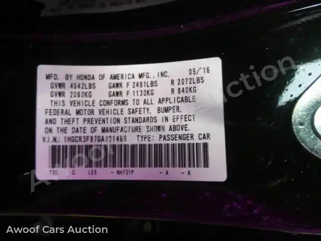 2016 Honda Accord 1HGCR3F97GA031486 — photo 6 de la vente Manheim
