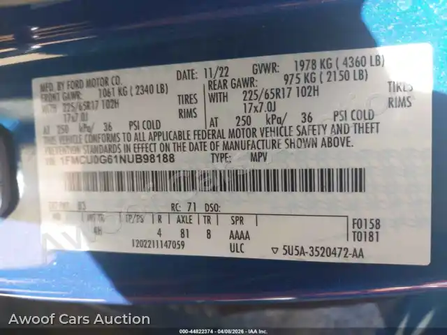 2022 Ford Escape 1FMCU0G61NUB98188 — hoton gwanjo Iaai na 9