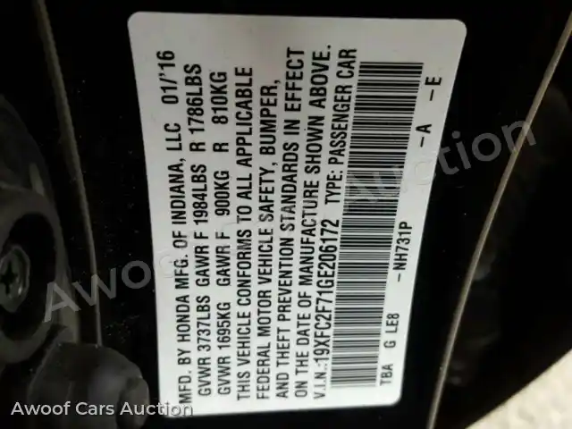 2016 Honda Civic 19XFC2F71GE206172 — Copart auction photo 10