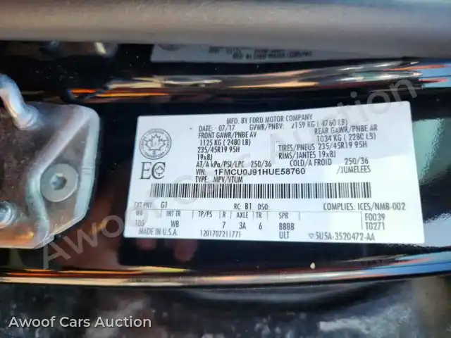 2017 Ford Escape 1FMCU0J91HUE58760 — Copart auction photo 13