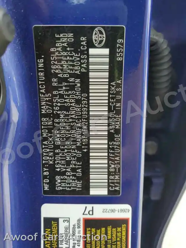 2015 Toyota Camry 4T1BF1FK2FU992970 — hoton gwanjo Copart na 12