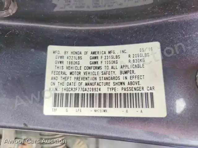 2016 Honda Accord 1HGCR2F77GA209924 — Copart auction photo 13