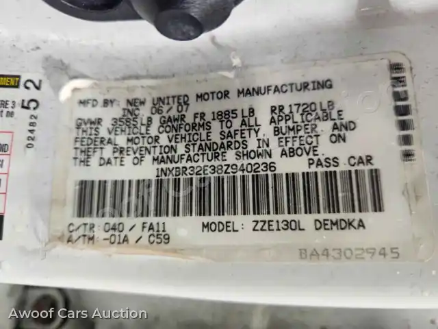 2008 Toyota Corolla 1NXBR32E38Z940236 — hoton gwanjo Copart na 12