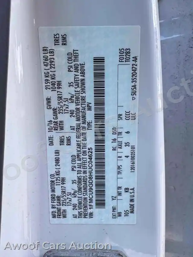 2017 Ford Escape 1FMCU9GD8HUC04625 — hoton gwanjo Copart na 10