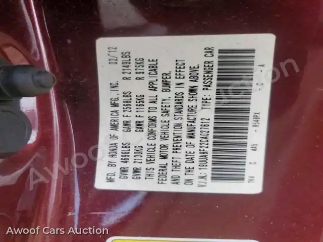 2012 Acura TLX 19UUA8F22CA027612 — hoton gwanjo Copart na 12