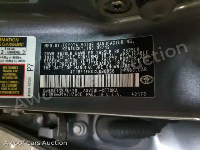 2012 Toyota Camry 4T1BF1FK0CU080866 — Copart auction photo 12