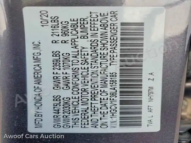 2020 Honda Accord 1HGCV1F36LA158185 — Copart auction photo 12